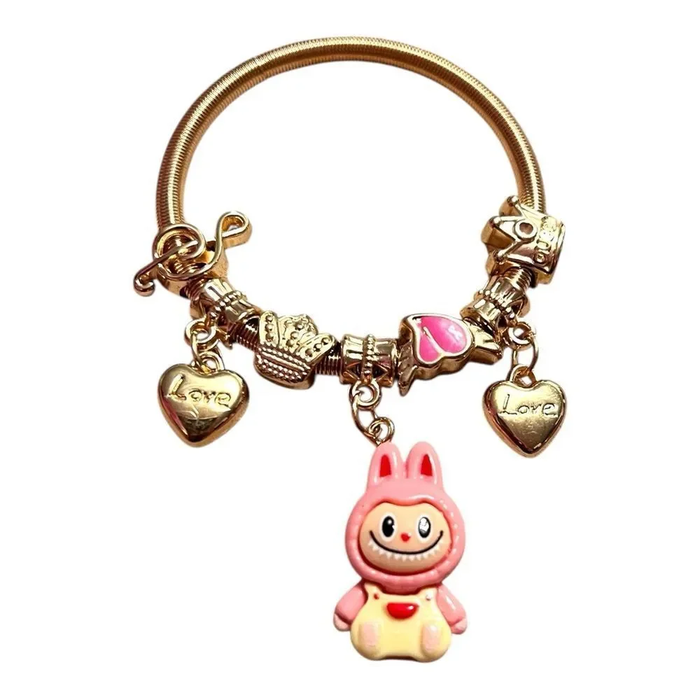 🤯5/$25🤯 Stretchy Pink Labubu Love Heart Crown Note Gold Child’s Charm Bracelet